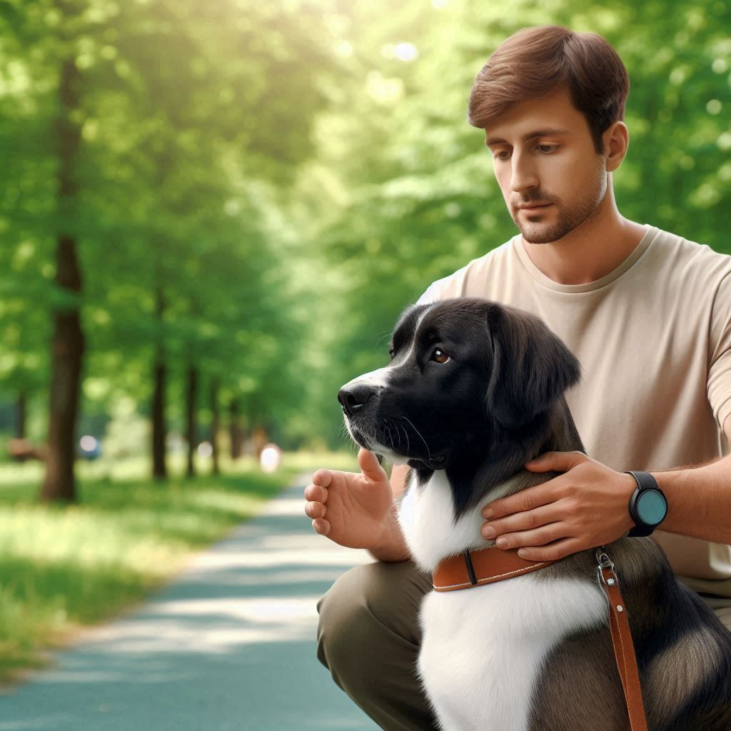 "How to Stop Dog Aggression Towards Humans. A calm and confident dog trainer in a serene outdoor setting, gently guiding a well-behaved dog while maintaining eye contact. The trainer's body language exudes calm assertiveness, and the dog is relaxed with a soft expression. The background features a lush green park, adding to the peaceful atmosphere.