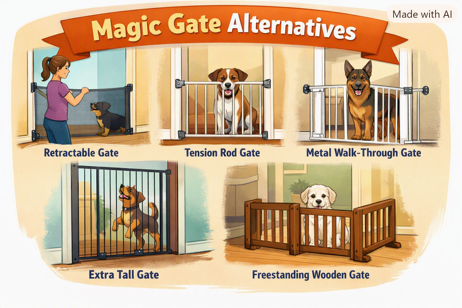 Illustration comparing Magic Gate alternatives including retractable, tension rod, metal walk‑through, extra tall, and freestanding dog gates.
