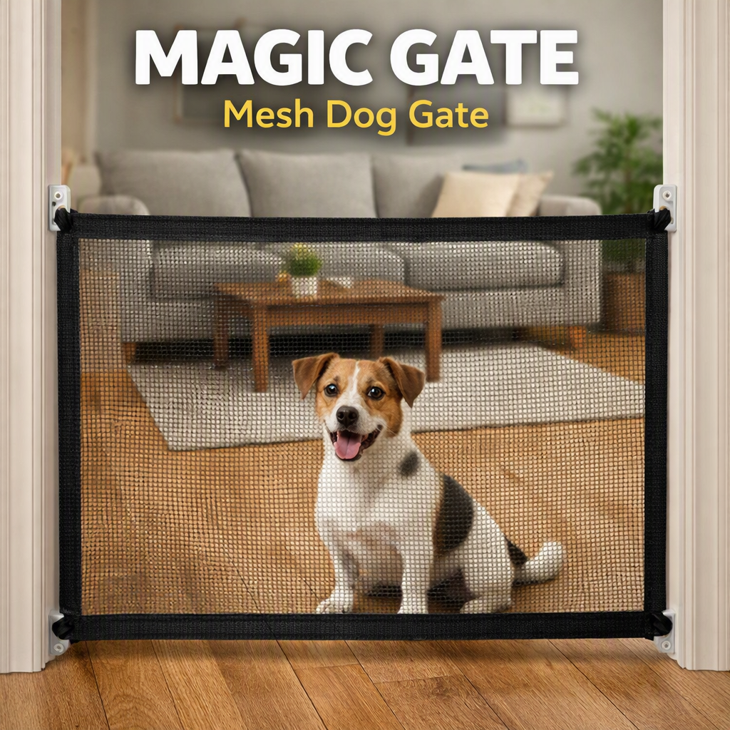 Magic Gate mesh dog gate installed in doorway with small dog behind it