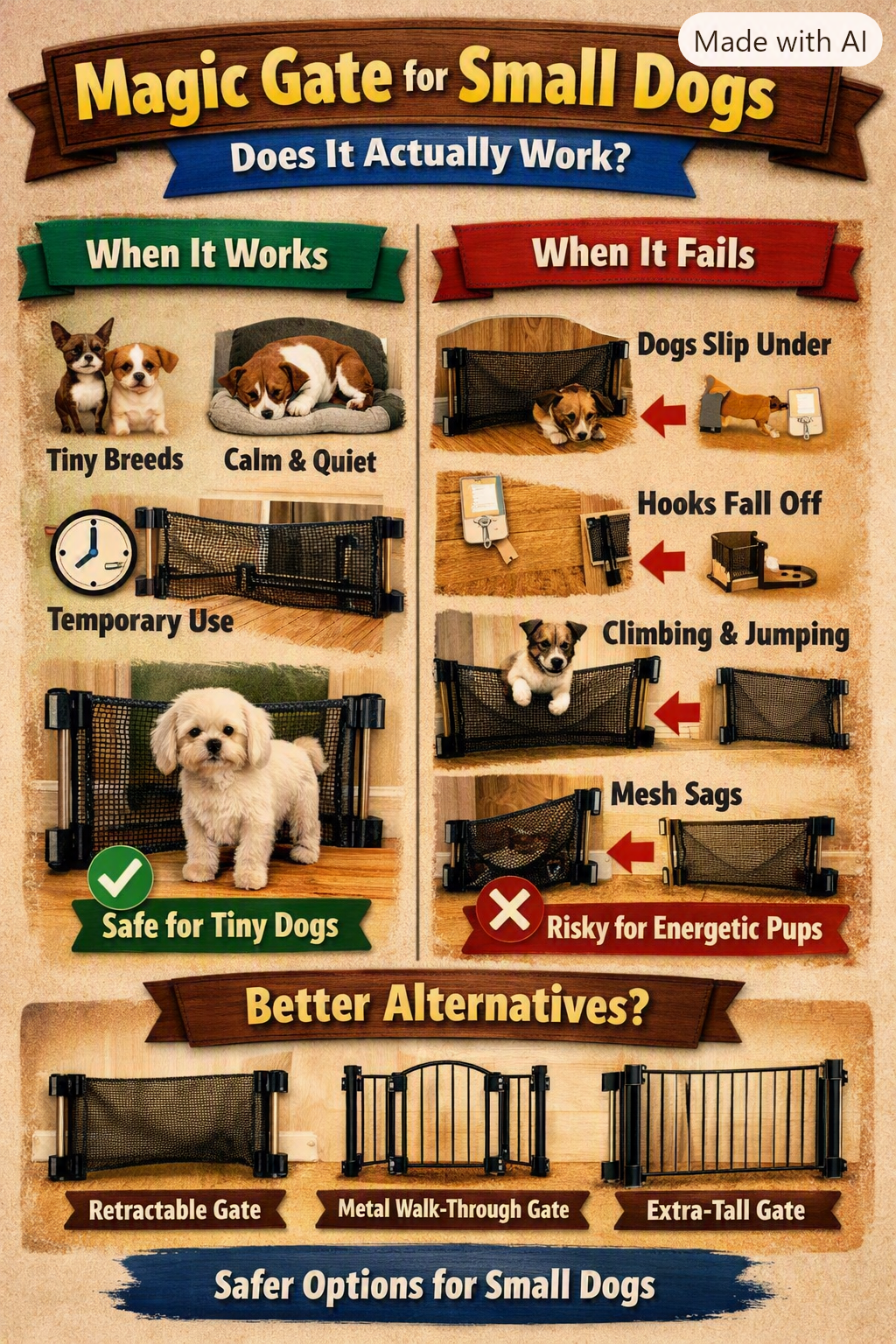 Infographic showing when Magic Gate works for small dogs and when it fails, with safer alternatives.