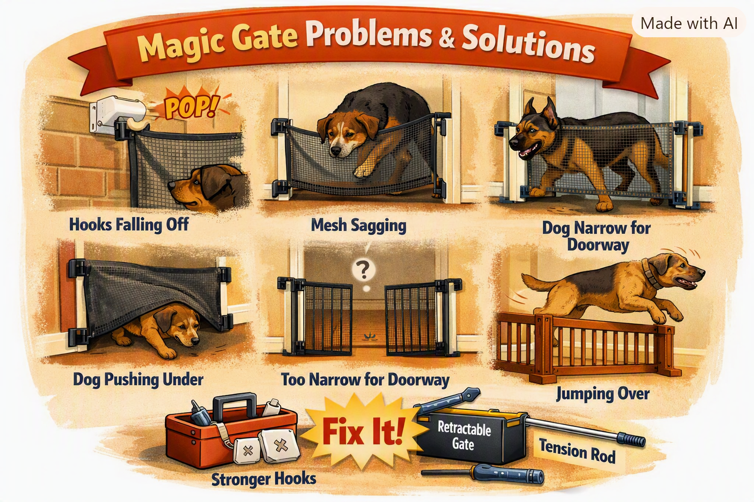 Illustration showing common Magic Gate problems such as sagging mesh, weak hooks, narrow fit, and dogs jumping over.