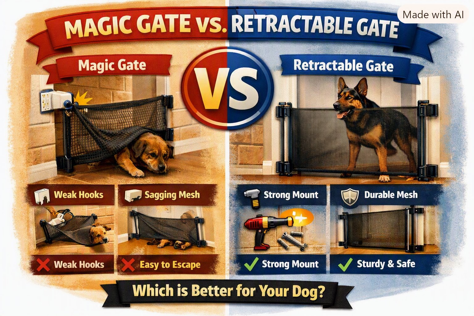 Infographic comparing Magic Gate and Retractable Gate showing differences in strength, safety, and installation.